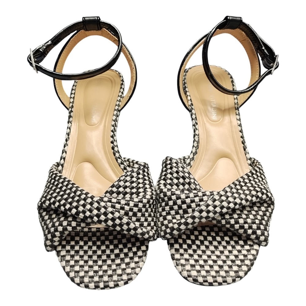 Adrienne Vittadini Angi Wedge Sandals Womens US 6M Black White Check Ankle Strap